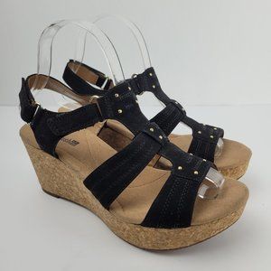 Clarks Black Cage Gold Stud Cork Platform Wedge Sandals 8